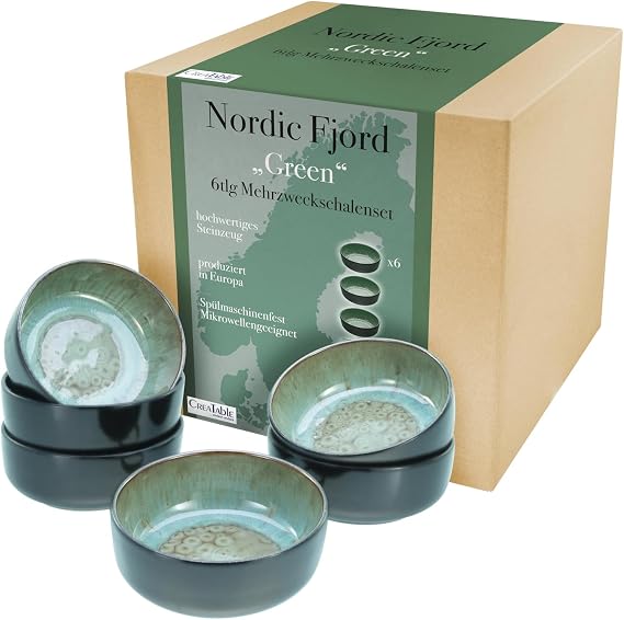 CreaTable, 21559, Nordic Fjord Series, 6-Piece Crockery Set, Cereal Bowls Set Made of Stoneware, Dishwasher and Microwave Safe, Quality Production