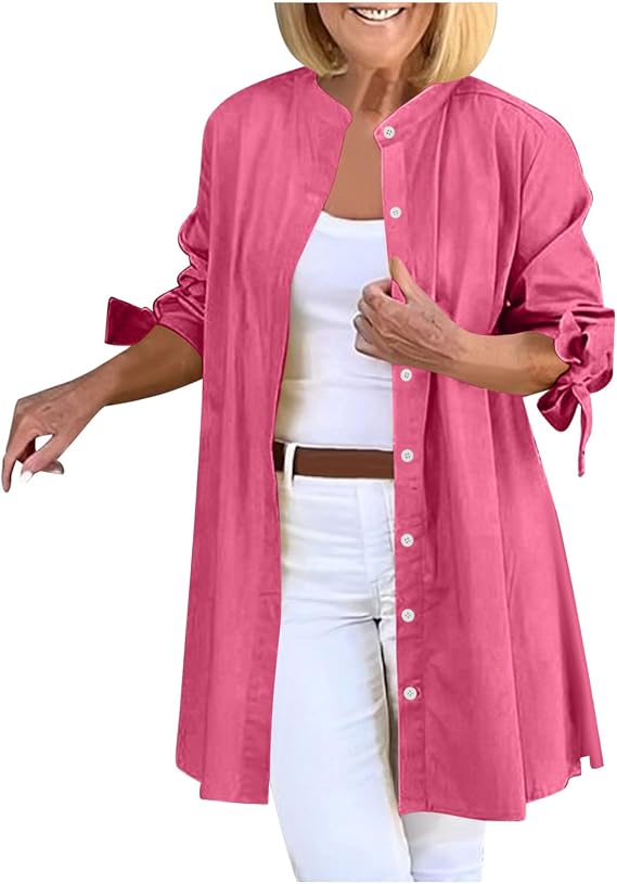 Xiaojmake Spring Cotton Linen Long Jacket for Women Casual Plus Size Long Sleeve Button Down Coat Crewneck Cardigan Tops