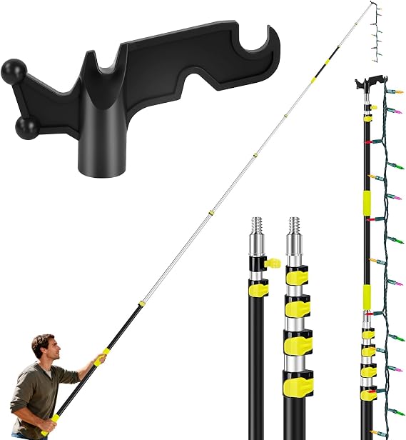 UQM 23 Ft Telescopic Extension Pole with Hook for Christmas Lights | Heavy-Duty Christmas Light Pole Hanger Tool Tree Without Ladder for Hanging Christmas Lights String Lights Birdfeeder