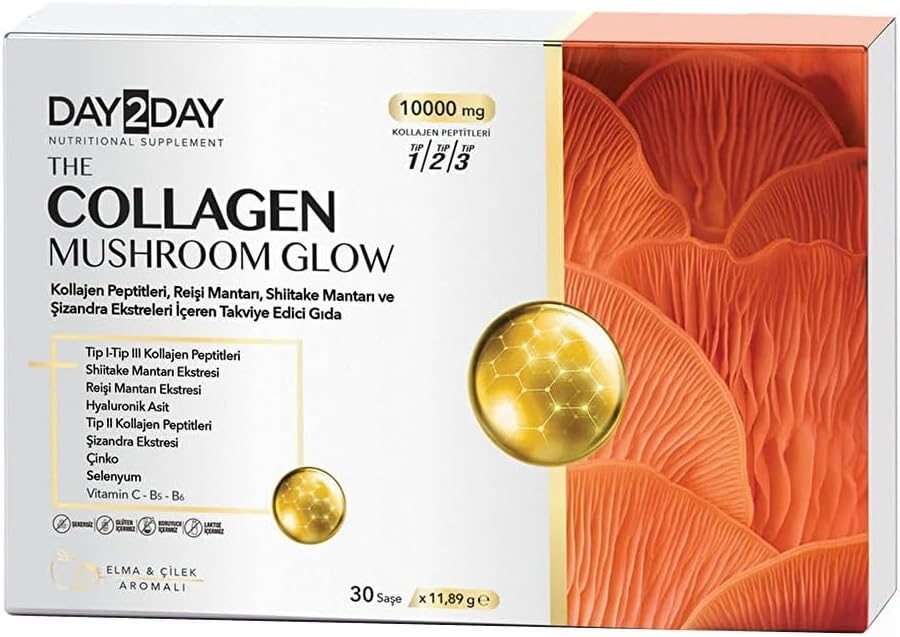 DAY2DAY Collagen Mushroom Glow, Kolajen Peptitleri, Shiitake Mantarı, Reishi Mantarı, 30 Saşe
