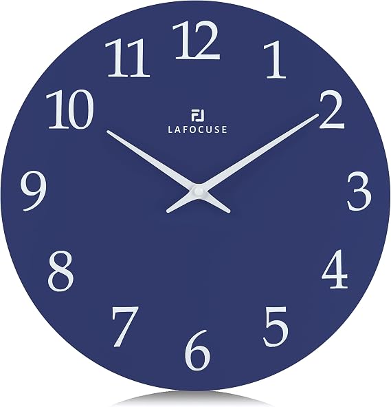 Lafocuse 12 Inch Wooden Navy Blue Wall Clock Battery Operated, Simple Minimalist Silent Kitchen Wall Clock for Living Room Decor Bedroom (Metal Hands)