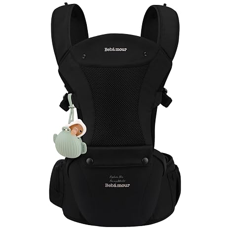 Bebamour Newborn to Toddler Baby Carrier Hip Seat 0-36 Months Head Cap 3 Pieces Teeth Pads Waist Extender (Black)