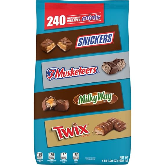 Mars SNICKERS, TWIX, 3 MUSKETEERS & MILKY WAY Individually Wrapped Variety Pack Minis Chocolate Candy Bars Bulk Assortment, 67.2 oz Bag