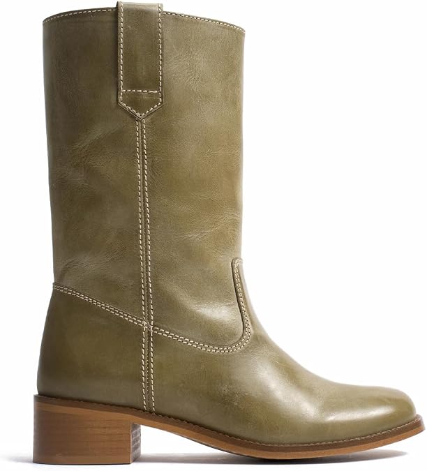 Womens Mid Calf Boots Chunky Block Heel Round Toe Boots