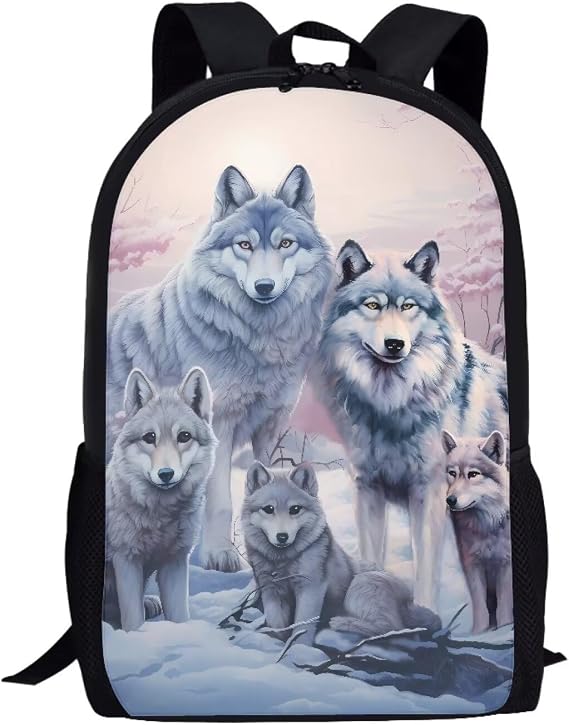 Showudesigns Cool Wolf School Bag Rucksack Kids Backpacks Boys Girls School Backpack for Secondary School Small Bookbag Strap Black Daypack Wolves Family