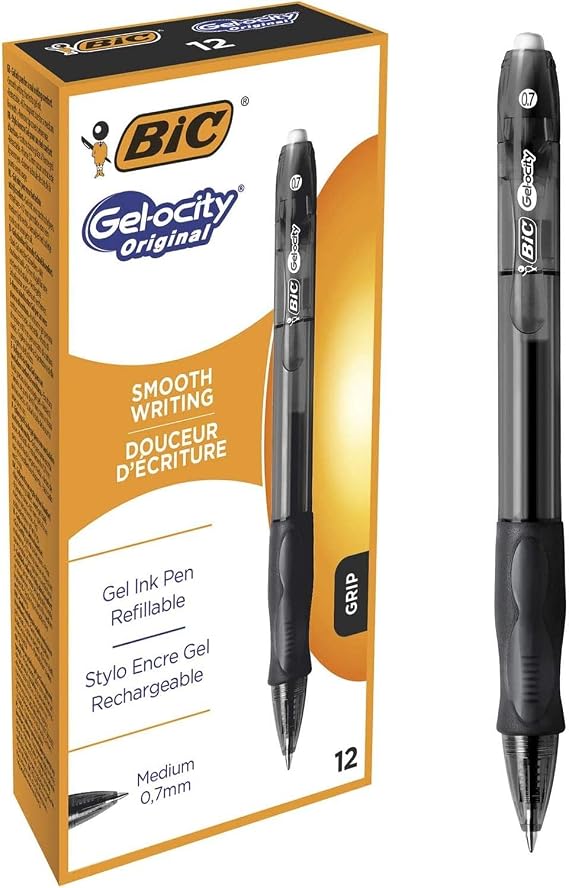 BIC Gel-ocity Original Roller Penses, Black Gel Pens, Line Width Medium, Refillable, Pack of 12