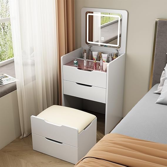 3 in 1 Small Vanity Desk with Plip-up Mirror and Lights, Makeup Vanity Dresser Set with Glass Desktop, Storage Drawers & Stool, Multifunction Makeup Table for Bedroom, Dressing Room
