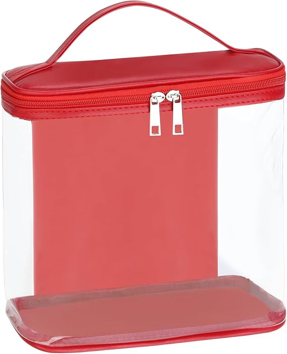 HAOGUAGUA Heavy Duty Leak Proof Clear Travel Bags for Toiletries, Transparent Makeup Cosmetic Bag with Zipper and Handle (1PCS RED, Large)