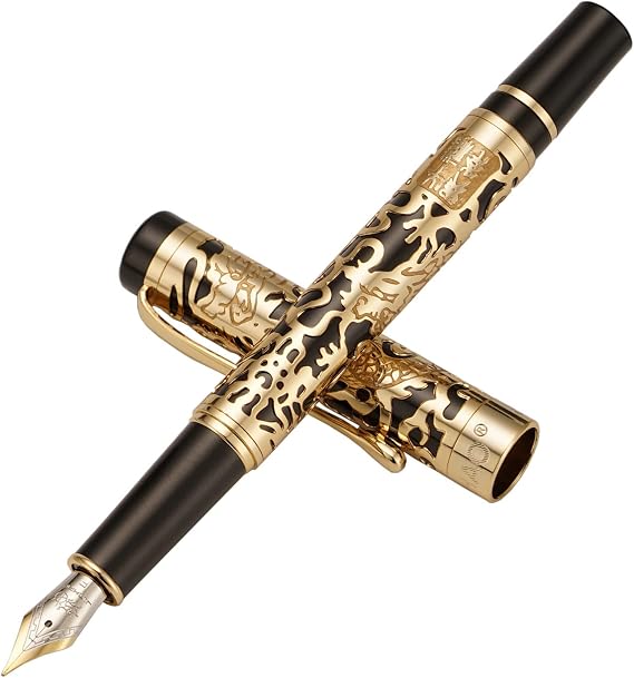 Vintage Jinhao 5000 Metal Fountain Pen Fine Nib 0.5mm Advanced Beautiful Dragon Texture Carving - Golden Black
