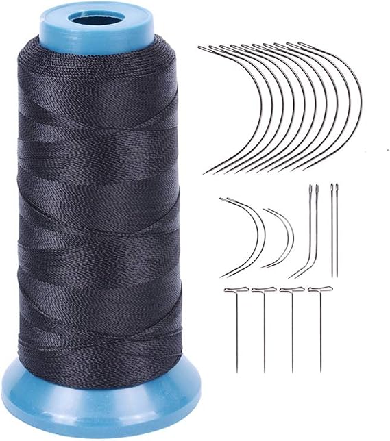 Hair Weaving Thread with C/J/I/T Needles 1200 Yards 250 D Strength Polyester Thread Sewing Thread for Making Wigs Hair Extension Kit (Black)