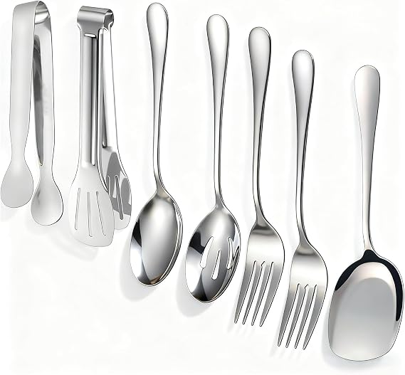 7 PCS Serving Spoons Large Set, Silver Stainless Steel Table Spoons with A Clip, Durable Spoon Set, Practical Long Handle Tablespoons Suitable for Kitchen Cooking Restaurant Banquets