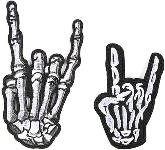 2 Pcs Rock Patches Skeleton Finger Embroidered Patch Applique Badge Iron On Sew On Emblem