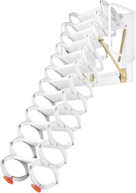 12 Steps Attic Ladder, Wall Mounted Pull Down Loft Steps Folding Stairs, 9.5-10.1Ft Height Aluminum Alloy Narrow Attic Extension Ladder w/Armrests for Basements Warehouses (12, White2)