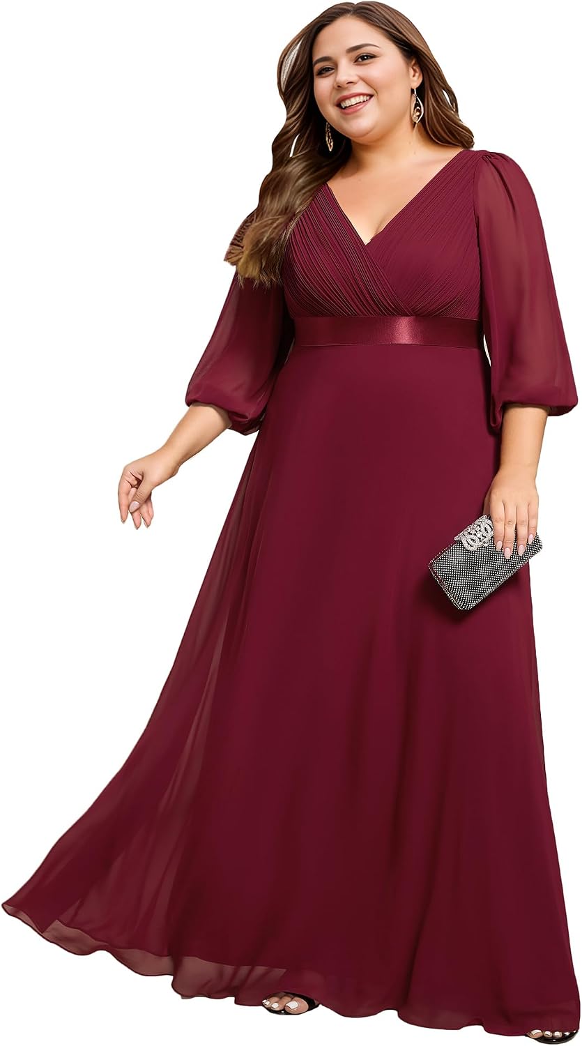 Ever-Pretty Plus Womens V Neck 34 Sleeves A Line Chiffon Pleated Plus Size Evening Gowns Floor Length Formal Dresses