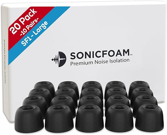 SONICFOAM SF1 Large - Memory Foam Earbud Tips - 10 Pairs - Black