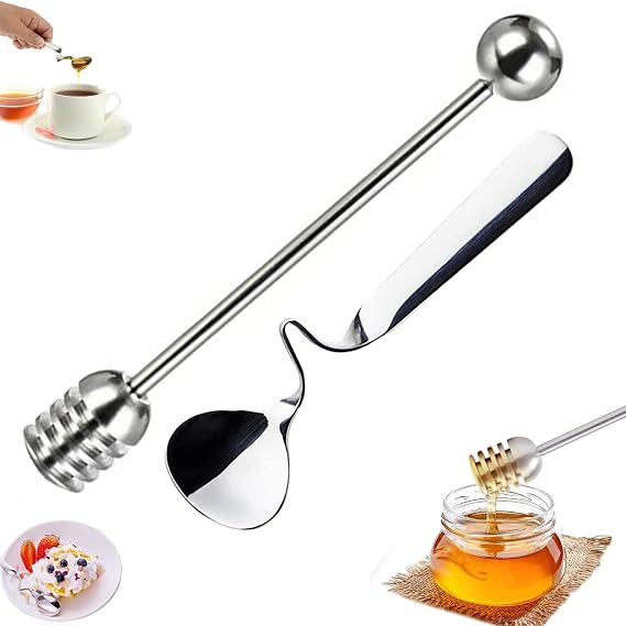 Stainless Steel Honey Spoons and Dipper, 2PCS Stirrer Server, Spiral Sugar Spoon, Iced Tea Spoon, Coffee Spoons