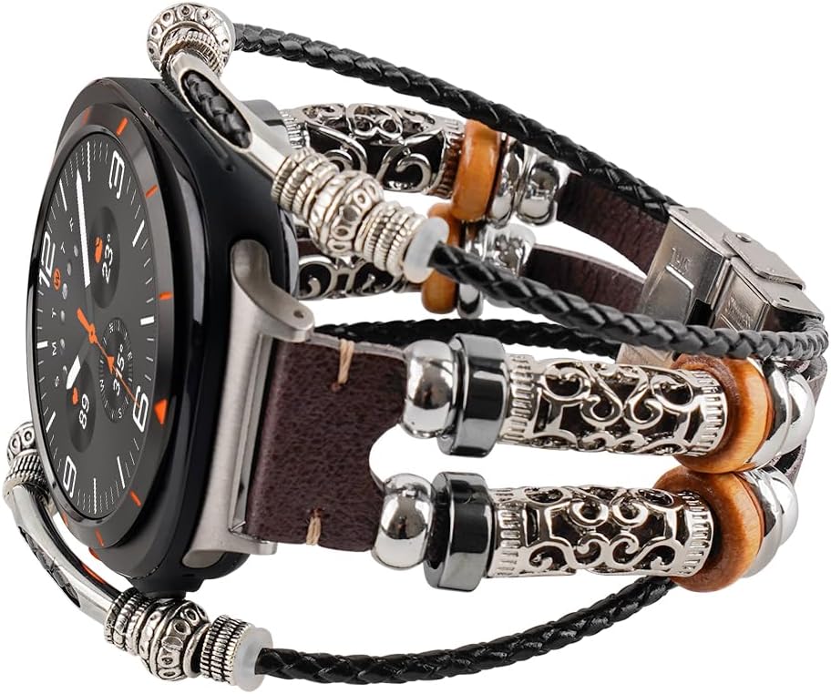 Compatible with 2024 Samsung Galaxy Watch 7 Ultra Band 47mm, Leather Boho Bracelets Jewelry Cross Charms Retro Strap for Men&Women