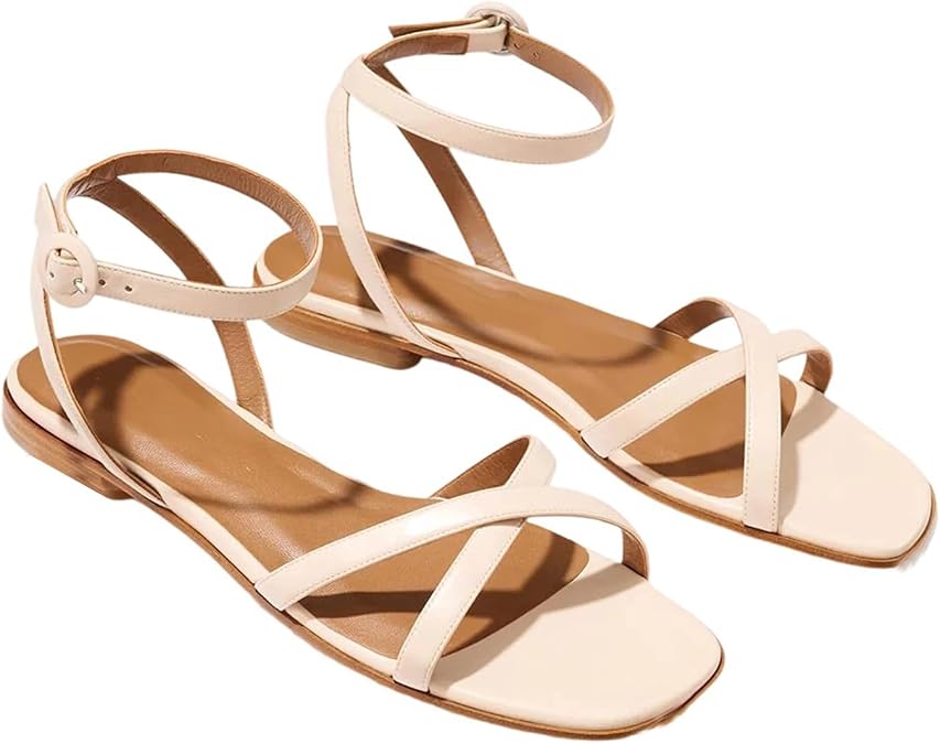 Flats Sandals for Women Leather Buckle Strap Flat Sandals Gladiator Square Toe Casual Beach Summer Shoes
