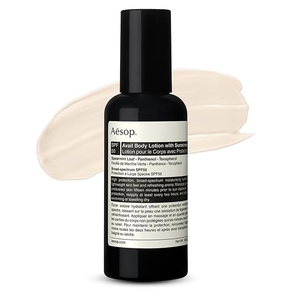 Aesop Avail Body Lotion with Sunscreen SPF50 | Lightweight Moisturizing Sunscreen with Spearmint Leaf and Vitamin E | Broad-Spectrum Hydration and Protection | 5.13 oz