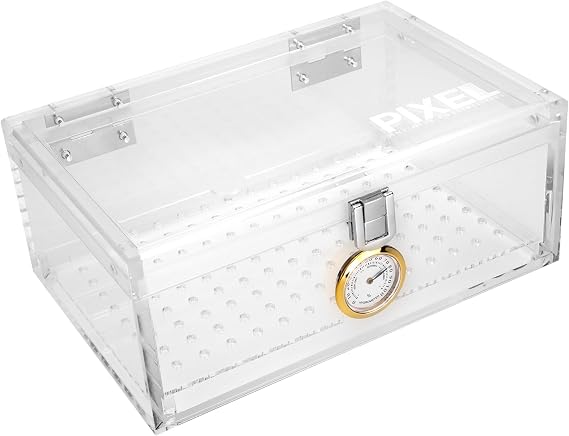 Pixel Cartel - Small Acrylic Cigar Humidor with Latch and Hygrometer - Holds 15-20 Cigars - Airtight and Mess Free - No Seasoning - No Activation - No Maintenance