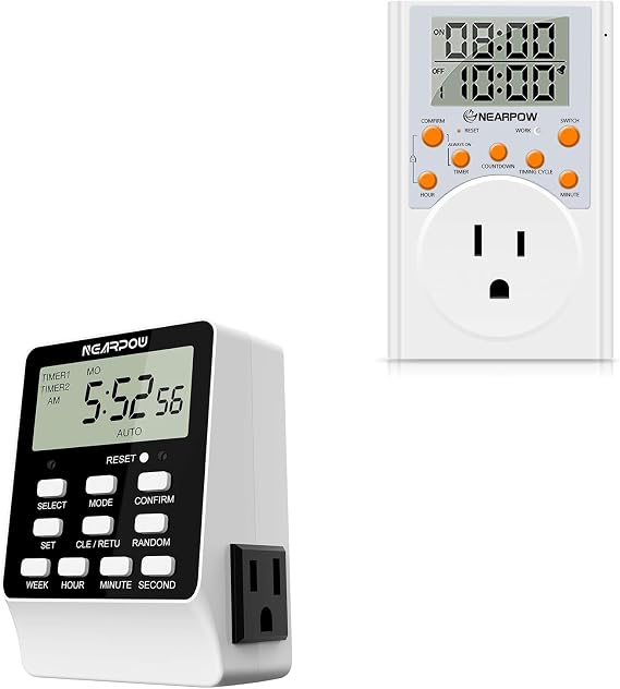 NEARPOW Outlet Timer, Dual Digital Light Timer with 2 Independently-Controlled Outlets, Timed Programs, 24-Hour and 7-Day Programmable,Indoor Heavy Duty Electrical Timer Switch, 3 Prong, 15A/1800W