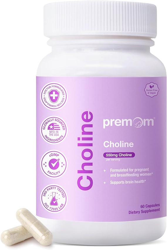 Premom Prenatal Choline Supplements, 550mg Choline Bitartrate, Supports Baby Brain Health & Cognitive Development + Pregnancy & Postpartum Breastfeeding for Women*, 60 Veggie Capsules