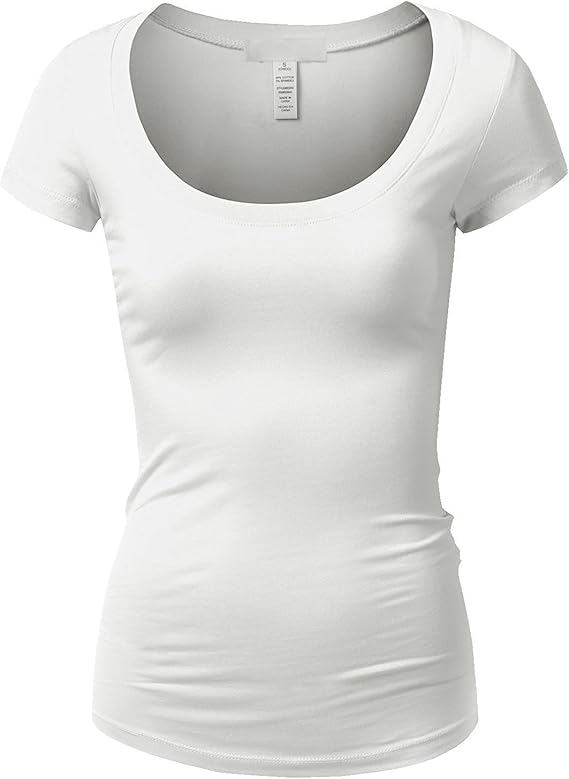 Active Basic Womens Plain Basic Deep Scoop Neck with Cap Short Sleeves - White - X-Large