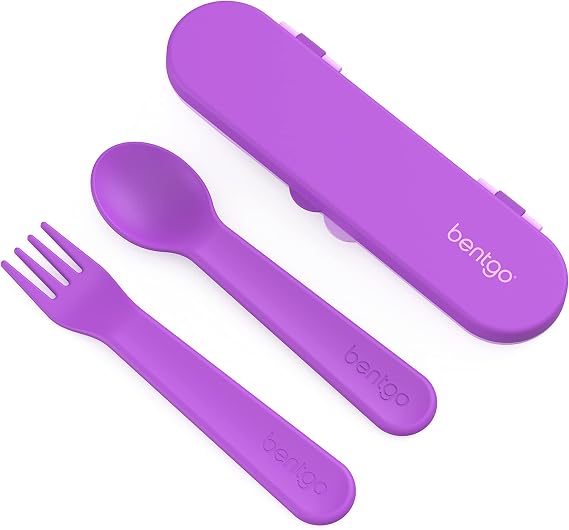 Bentgo Kids Plastic Utensil Set - Reusable Fork, Spoon & Storage Case, PFAS- & BPA-Free, Easy-Grip Handles, Lightweight, Dishwasher Safe, School Lunch, Travel & On-the-Go (Purple)