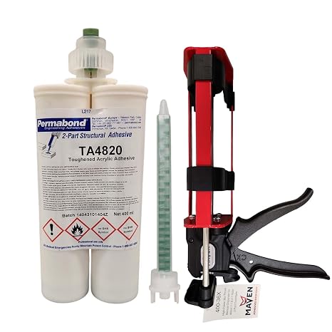 Permabond TA4820 Toughened Acrylic Adhesive, 2-Part 1:1 Mix, Metals and Plastics, 10-15 Min Pot Life, 50ml and 400ml (Cream, 400ML, Dispenser Kit)