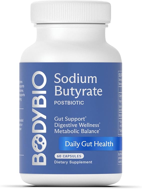 BodyBio Butyrate - Postbiotic for Gut Health, Digestive Support, Bloat, Gas & Constipation Relief, Leaky Gut Repair - Sodium + Butyric Acid Supplement for GI Wellness - 60 Capsules