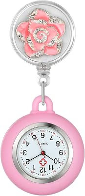 Lancardo Retractable Nurse Watch with Second Hand for Women Clip on Lapel Hanging Nurses Watch Badge Stethoscope Fob Pocket with Silicone Cover - Pink