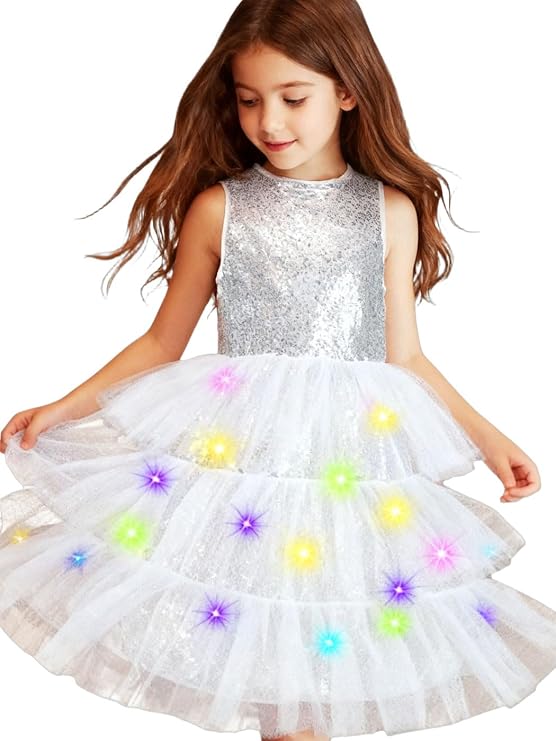 Girls Light up Silver Dresses Sparkly Sequin Tutu Princess Dress Up for Birthday Party