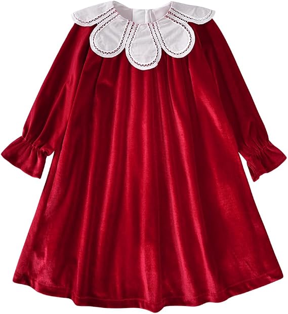 MYGBCPJS Little Girls Christmas Velvet Dress Toddler Kid Zip Flower Collar Long Sleeve Ruffle Princess Dresses A-line Skirt