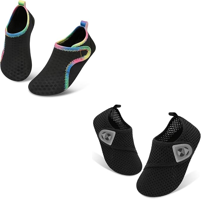 Kids Water Shoes for Boys Girls Swim Beach Kids Aqua Socks Set of 2 Pairs Size 1.5-2 Little/Big Kid Black