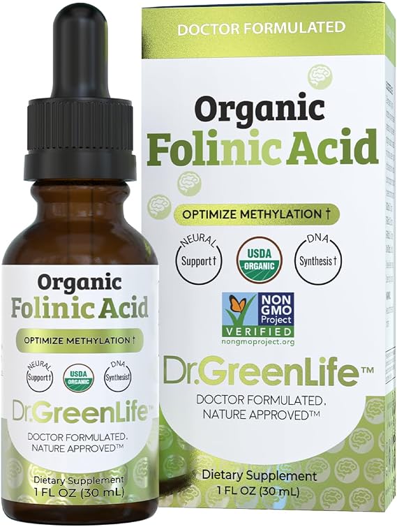 Dr. Green Mom Folinic Acid For Kids & Adults High Dose MTHFR-Friendly Folic Acid Alternative Organic Liquid Drops 500 mcg/Drop Vitamin B9 for Methylation, Neurological & DNA Support, 1 fl oz