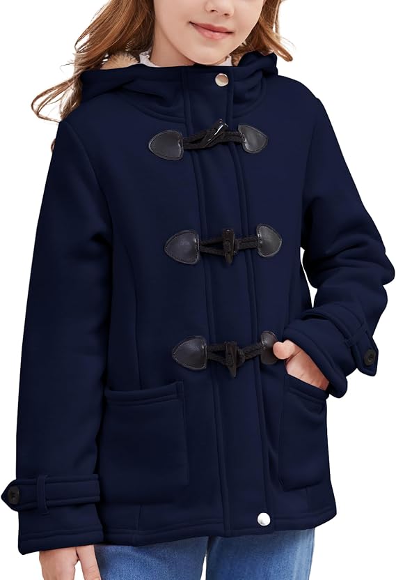 Flygo Girls Fleece Jacket Sherpa Lined Hoodie Horn Button Duffle Coat