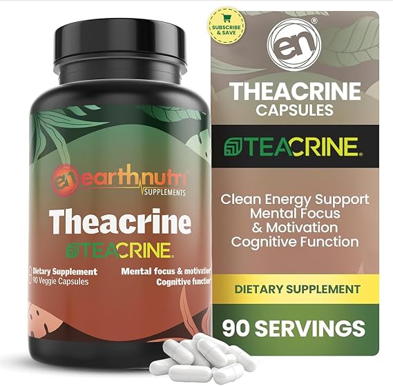 EarthNutri Theacrine Energy and Focus Supplement Gluten and Additives Free 1 Capsule Daily Vegetable Capsule for Enhanced Alertness and Endurance 250mg Theacrine Caps (90 Count Unflavored)