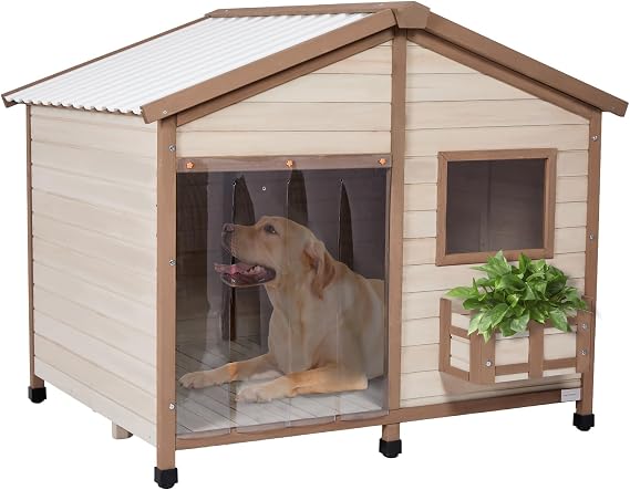 Petsfit All-Season Large Wooden Dog House Outdoor for Extra Large Breeds up to 200lbs, Insulated Weatherproof Shelter with PVC Roof & Elevated Floor, Easy Assembly, 47-Inch, Off-White