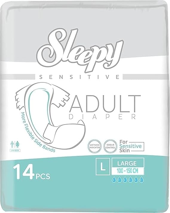 Sleepy Adult Diapers, Unisex for Sensitive Skin, Odour Control, Wetness Indicator, Comfortable &Adjustable, Maximum Absorbency & Leak Protection, LARGE-100-150 cm,Count-14PCs|SOHO