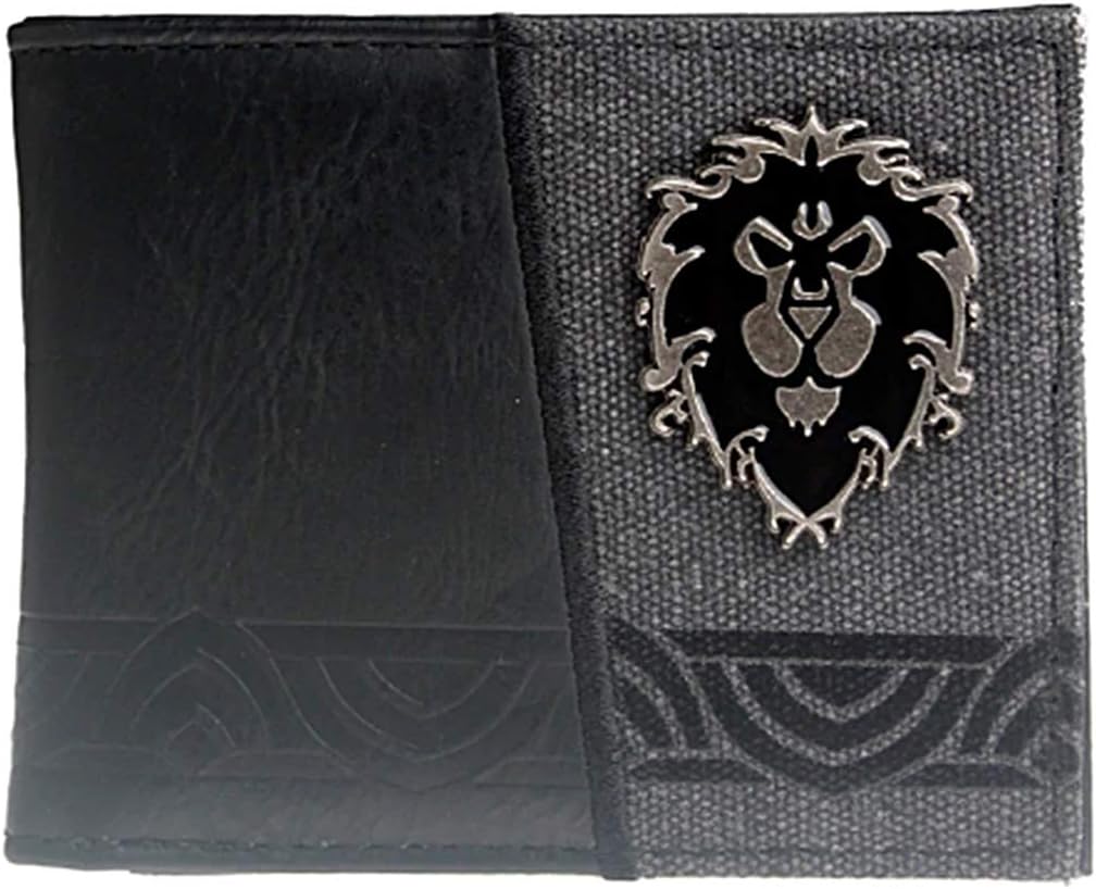 WOW Alliance Metal Logo Leather Bi Fold Wallet - Unisex Adult, Black, Faux Leather, RFID Protected, 3 Compartments, Compact Wallet