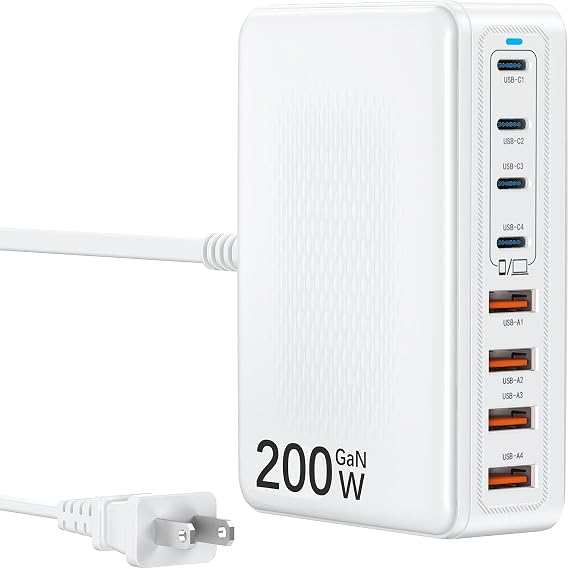 USB C Charger Block 200W Charging Station Hub for Multiple Devices Upgraded GaN III 8-Port PD 65W Fast Laptop Power Adapter for MacBook Pro/Air,DELL,iPad,HP,iPhone 16/15,Samsung S25/S24,Steam Deck etc