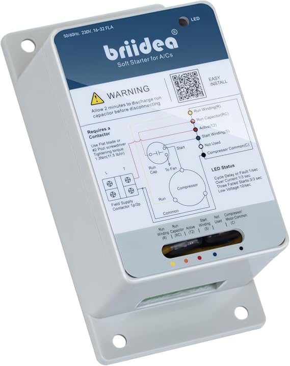 briidea 1632A AC Soft Start Kit for Home Air Conditioner (47 Ton), Reduces Start-Up Current by Up to 70%, Reverse Motor Protection, Quiet Compressor Start, Works with Utility & Generator Power