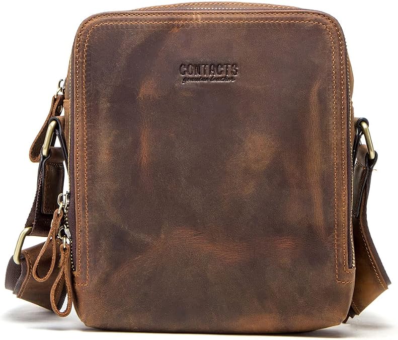 CONTACTS Leather Messenger Bag for Men Crazy Horse Leather Small Crossbody Shoulder Bag Men Vintage 7.9" iPad Travel Travel Bag Travel Handbag (coffee)