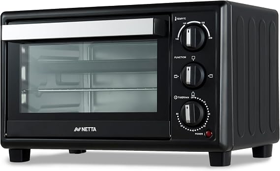 NETTA 20L Mini Oven & Electric Grill - Portable Table Top Cooker with 60-Minute Timer & Adjustable Temperature - 1380W Countertop Oven with Baking Tray & Rack - Compact Electric Oven - Black