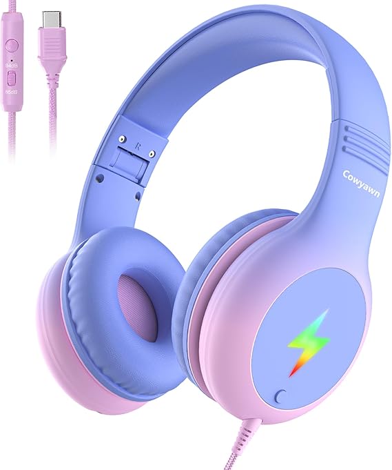 Cowyawn USB Type C Kid Headphones, Wired Headphones for Kids with MicrophoneLED Lights, 8594dB Volume Limit, Stereo Sound, Foldable Over-Ear USB-C Headphones for SchoolTravelTabletiPad, Pink