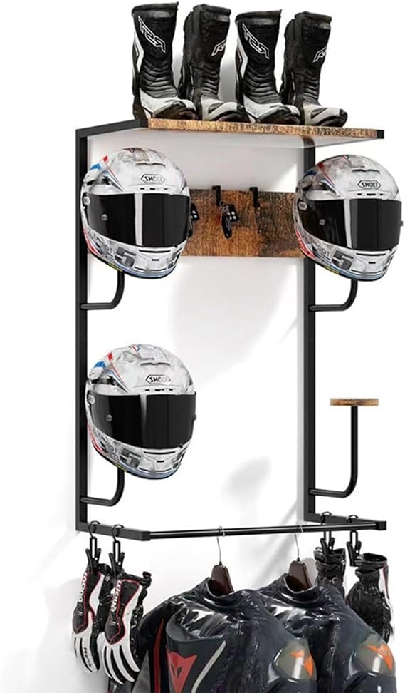 Motorcycle Helmet Holder, Wall-Mounted Helmet Rack with Chips& Hooks, Bike Helmets Storage Organizer, Universal Wall Mount for Helmets, Gear, Clothes, Accessories