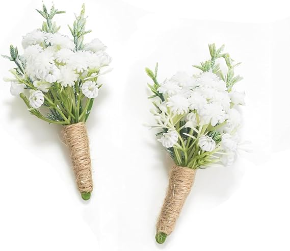 Baby Breath Boutonnieres for Men Wedding,Set of 2, Natural White Groom and Groomsmen Boutonniere with Pin for Rustic Fall Vintage Wedding, Prom and Homecoming