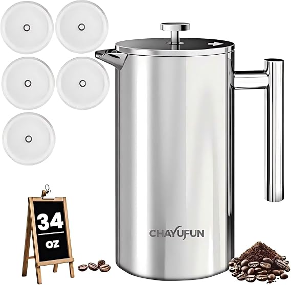 Stainless Steel French Press Coffee Maker, 34oz/1L, 5 Pack Filter