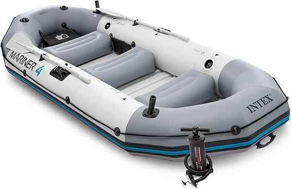 INTEX Mariner Inflatable Boat Series: Includes Deluxe Boat Oars and High-Output Pump SuperTough PVC Wear-Resistant Keel Removable Fishing Rod Holders Heavy Duty Grab Handle