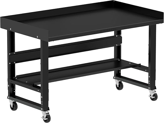 Borroughs 60" W x 34" D Heavy-Duty Mobile Workbench, Black Steel Top, 750 LB Capacity, Bottom Shelf & Edge Guards, Adjustable Height 34-40"